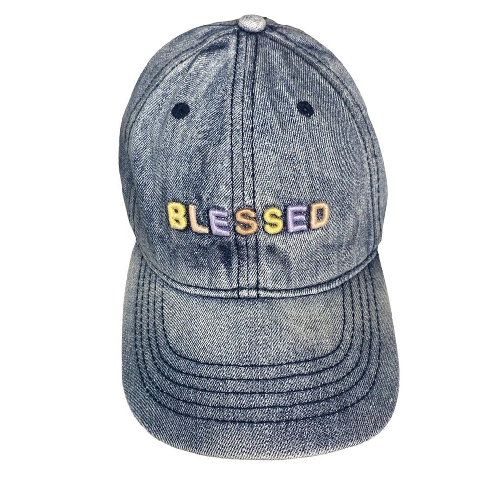 Blessed Ball Cap Pastel Rainbow Acid Wash Denim Look Blue Adjustable Strapback - Picture 5 of 15